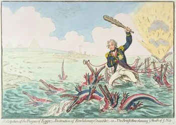 Extirpação das Pragas do Egito: - Destruição dos Crocodilos Revolucionários, 1798 (gravura à mão colorida)